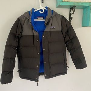 Patagonia puffer jacket, black and grey with blue interior.  Kids 14